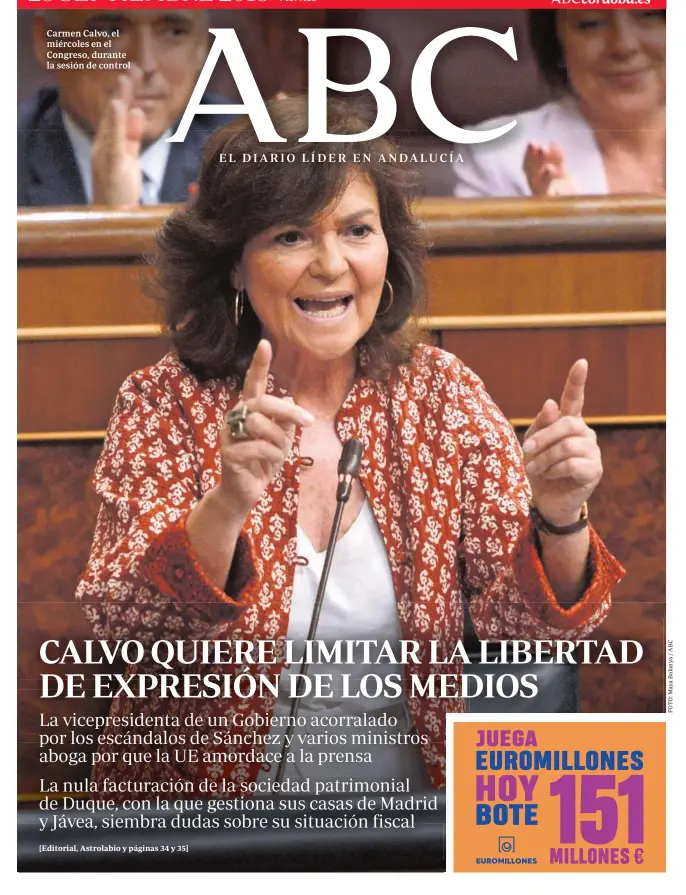  ??  ?? Carmen Calvo, el miércoles en el Congreso, durante la sesión de control