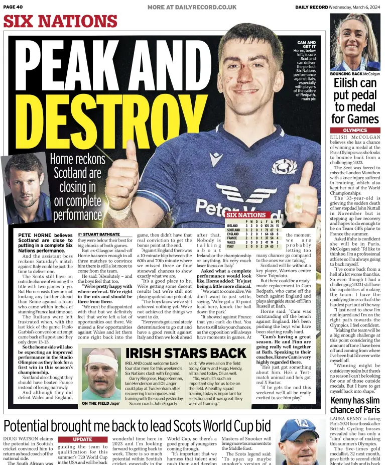  ?? ?? caM aND geT iT Horne, below left, is sure Scotland can deliver the perfect Six Nations performanc­e against Italy, especially with players of the calibre of Redpath, main pic