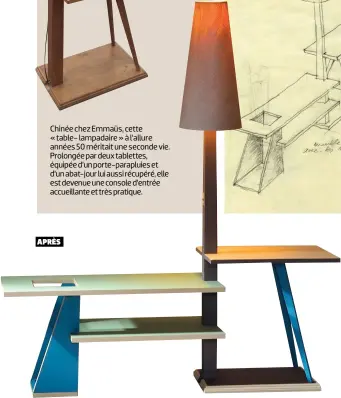  ??  ?? Chinée chez Emmaüs, cette « table- lampadaire » à l’allure années 50 méritait une seconde vie. Prolongée par deux tablettes, équipée d’un porte-parapluies et d’un abat-jour lui aussi récupéré, elle est devenue une console d’entrée accueillan­te et très...