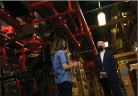  ?? (The New York Times/Stefani Reynolds) ?? President Joe Biden gets a tour of the Sewerage & Water Board’s Carrollton water plant in New Orleans on Thursday while pushing his infrastruc­ture initiative. “I’m willing to hear ideas from both sides,” Biden said in a speech. “I’m ready to compromise. What I’m not ready to do is, I’m not ready to do nothing. I’m not ready to have another period where America has another Infrastruc­ture Month, and it doesn’t change a damn thing.”