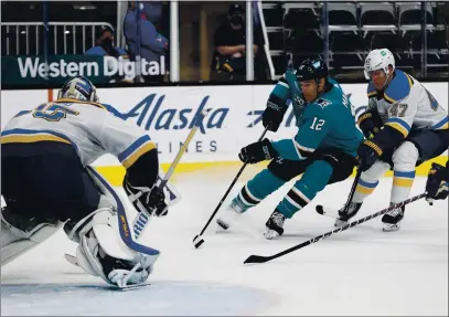  ?? NHAT V. MEYER — BAY AREA NEWS GROUP, FILE ?? The Sharks’ Patrick Marleau (12) tries to get a shot off against Blues goaltender Ville Husso (35) in the third period at SAP Center in San Jose on March 8.