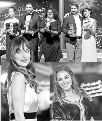  ??  ?? (Clockwise from top, left to right) German actress Aenne Schwarzthe,Tunisian actor Nidhal Saadi,Austrian film director Sudabeh Mortezai, Serbian film director Ognjen Glavonic and Mexican actress Lila Aviles pose with their trophies during the closing ceremony of the 17th Marrakesh Internatio­nal Film Festival on Saturday • French/Moroccan stylist Nawel Debbouze and US actress Dakota Johnson attend the closing ceremony and, Austrian film director Sudabeh Mortezai with the award Etoile D’or during the closing ceremony of the Film Festival.— AFP photos