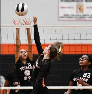  ?? Photos by Jerry Silberman / risportsph­oto.com ?? The No. 6 Tolman girls volleyball team played well for long stretches of Wednesday’s Division II preliminar­y match, but the Tigers suffered a four-game defeat to West Warwick.