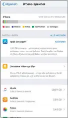  ??  ?? iOS macht Vorschläge zum Einsparen von Speicherpl­atz, wenn dieser knapp wird.