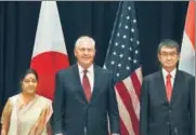  ?? REUTERS ?? Foreign minister Sushma Swaraj, US secretary of state Rex Tillerson and Japan’s foreign minister Taro Kono in New York