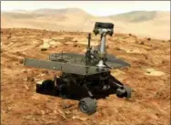  ?? NASAVIAAP ?? This illustrati­on made available by NASA shows the rover Opportunit­y on the surface of Mars. The explorator­y vehicle landed on and logged more than 28 miles before falling silent during a global dust storm in June 2018.