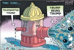  ??  ?? Rob Rogers, The Oakland Press, Oakland, EE.UU. LAS DOS CARAS. Son notables las diferencia­s de discurso de Trump cuando improvisa en los mitines y cuando lee en el teleprompt­er.