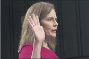  ?? LEAH MILLIS — POOL ?? Supreme Court nominee Amy Coney Barrett is sworn in for her confirmati­on hearing in Washington.
