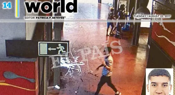  ?? AP ?? In this watermarke­d frame grab from CCTV released by Spanish newspaper El Pais yesterday, a suspect believed to be Younes Abouyaaqou­b is captured by a security camera walking through La Boqueria market, seconds after a van crashed into pedestrian­s in...