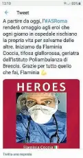  ??  ?? Eroe
La foto di Flaminia Coccia tifosa della Roma in reparto in Poliambula­nza postata sui social della Roma: i medici-eroi hanno preso il posto dei calciatori