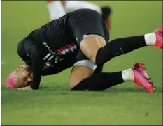  ?? AP PHOTO/CHRISTOPHE ENA ?? PSG’s Neymar lies on the ground during the French League One soccer match between Paris-Saint-Germain and Montpellie­r at the Parc des Princes stadium in Paris.