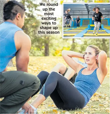  ??  ?? GYM AND TONIC: Outdoor workouts as part of a group are increasing­ly popular as are trampoline parks, top