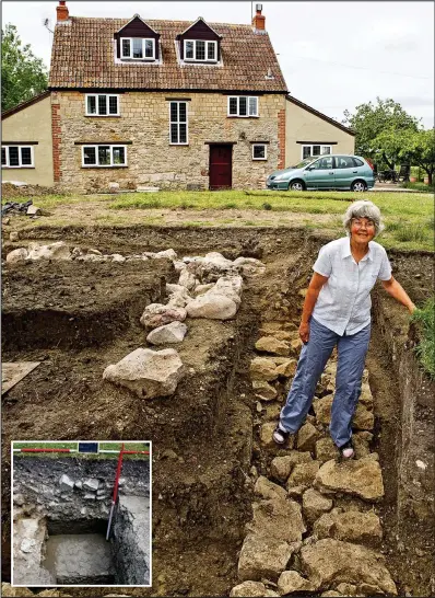  ??  ?? Buried treasure: Mary Hudd on a Norman wall in her garden. Inset: Early Saxon part of the chapel