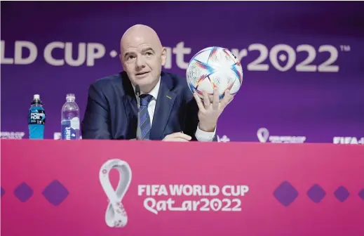  ?? CHRISTOPHE­R LEE/GETTY IMAGES ?? FIFA president Gianni Infantino gave Qatar a pass for its continuing bigotry and exploitati­on at a news conference Saturday.