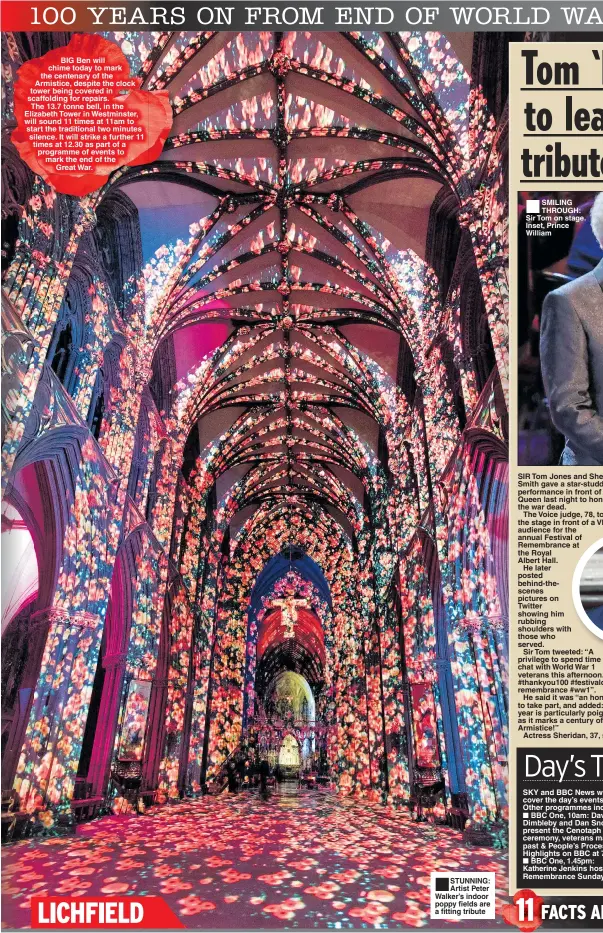  ??  ?? ■ STUNNING: Artist Peter Walker’s indoor poppy fields are a fitting tribute SMILING THROUGH: Sir Tom on stage. Inset, Prince William