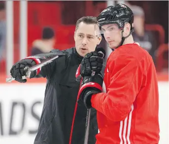  ?? ANDRE RINGUETTE/NHLI VIA GETTY IMAGES ?? Head coach Guy Boucher, seen earlier this season with Matt Duchene, wasn’t pleased with the Senators’ compete level in their loss against the Toronto Maple Leafs on Saturday.