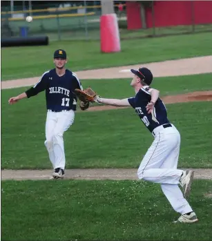  ?? Photos by Ernest A. Brown ?? St. Raphael’s Elliot Vadnais (top left) reaches first on an infield single, while Bishop Feehan’s Colin Gauthier (top right) snags a pop up in Collette Post 10’s 6-2 win over South Kingstown Thursday.