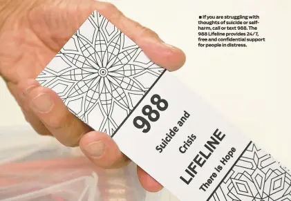  ?? PATRICK T. FALLON/GETTY-AFP ?? A bookmark with the 988 suicide and crisis lifeline emergency telephone number.
If you are struggling with thoughts of suicide or selfharm, call or text 988. The 988 Lifeline provides 24/7, free and confidenti­al support for people in distress.