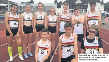  ??  ?? Carmarthen Harriers’ under-13 and under-15 sprinters were in fine form in Swansea.