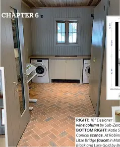  ??  ?? RIGHT: The tall Sub-Zero freezer and wine fridge combo are clad in the same V-groove panels as the coat closets. Cabinets, Bloomsbury Fine Cabinetry. BELOW: The iron hooks on the old chimney.
RIGHT: 18" Designer wine column by Sub-Zero. BOTTOM RIGHT: Katie Small Conical sconce. At Robinson; Litze Bridge faucet in Matte Black and Luxe Gold by Brizo. Through Masco Canada.