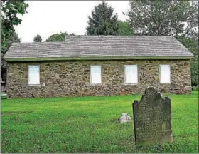  ?? SUBMITTED PHOTO - COURTESY OF AMERICAN FOLKLIFE COLLECTION ?? This Brethren house of worship in Pricetown, Oley Valley was erected in 1777 on land belonging to Martin Gaube and was later deeded to the Oley Congregati­on in 1807. Known as the oldest unaltered church in America, some of the early Dunkard families...