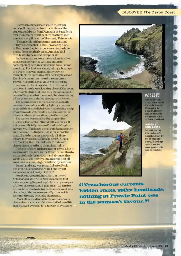  ??  ?? HORROR TO HAVEN The South West Coast Path winds through Elender Cove with its beautiful beach, and on towards the gnarly spine of Gammon Head.tHIGHS AND LOWS Sometimes on this walk you’ll be right down by the shore; later on you’ll be high up in the cliffs among razorbills and peregrines.