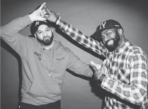  ?? JOEL BARHAMAND / THE NEW YORK TIMES ?? The Kid Mero (Joel Martinez), left, and Desus Nice (Daniel Baker) in New York on Feb. 6. Less than a year after the abrupt end of their Viceland series, the Bronx-born podcasters are trying to grow a wider viewership at Showtime without looking like corporate sellouts.