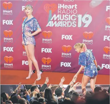  ?? — Reuters photos ?? Swift arrives (top) and receives the Tour of the Year award (right) during the iHeartRadi­o Music Awards on Thursday.
