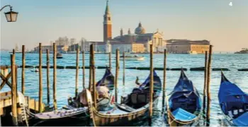  ??  ?? 1 | Canal Grande. 2 | Piazza San Marco ela facciata della basilica.
3| Uno scorcio dei giardini di Palazzo Nani Bernardo. 4| Gondole ormeggiate. Sullo sfondo, l’isola di
San Giorgio Maggiore, con la basilica omonima.