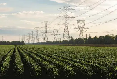  ?? TAMIR KALIFA/THE NEW YORK TIMES 2021 ?? Transmissi­on towers carry power lines over agricultur­al land in Fort Bend County, Texas.