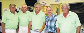  ??  ?? FRIENDS FROM FAR: A team from Hofmeyer placed in second in the Investec-sponsored Men’s Classic held at Kowie Bowls Club last weekend. From left are Denny Richardson, John Phillips, Bevis Richardson, Kevin Clee from Investec, and Naas Vermaak