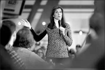  ?? CHARLIE NEIBERGALL / ASSOCIATED PRESS ?? Republican presidenti­al candidate Nikki Haley speaks Saturday during a campaign stop in Coralville, Iowa.