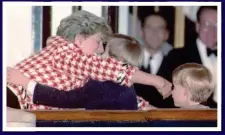  ??  ?? TOUCHING: Diana embraces William, as Harry watches, on the Royal Yacht Britannia in 1991. Right: A tender moment with Harry during a Majorca trip in 1987