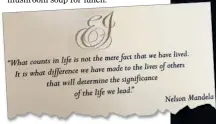  ??  ?? WORDS OF WISDOM: Nelson Mandela’s quote on an invitation. Right: Eugenie and Jack yesterday at the Surrey wedding of Charlie van Straubenze­e and Daisy Jenks