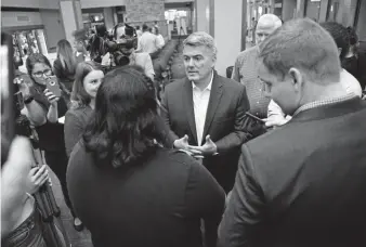  ?? Helen H. Richardson, The Denver Post ?? U.S. Sen. Cory Gardner, a Republican from Yuma, answers a question from Victor Galvan, with the Colorado Immigrant Rights Coalition, during a meet-and-greet event at Lutheran Medical Center in Wheat Ridge on Thursday. Gardner faces re-election next year.