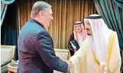  ?? AP/PTI ?? US Secretary of State Mike Pompeo, left, is greeted by Saudi King Salman in Riyadh, Saudi Arabia, on Sunday