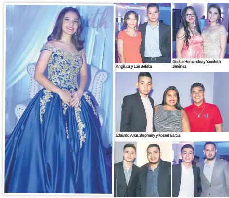  ??  ?? ALEGRE. Mereth Cruz lució elegante en su vestido azul royal Angélica y Luis Beteta Eduardo Arce, Stephany y Rossel García David Enamorado y John Santos Giselle Hernández y Yamileth Jiménez Kener Dubón y Alejandro Paredes