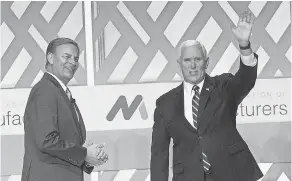  ?? NICK OZA FOR USA TODAY ?? National Associatio­n of Manufactur­ers CEO Jay Timmons appears with Vice President Mike Pence at The Phoenician, in Scottsdale, Ariz., in March 2019.