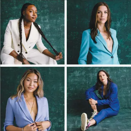  ?? RAVEN B. VARONA VIA THE NEW YORK TIMES ?? Clockwise from top left: Olympic gold-medal swimmer Simone Manuel, profession­al soccer player and World Cup champion Alex Morgan, former WNBA star Sue Bird and Olympic snowboardi­ng gold-medalist Chloe Kim are founders of TOGETHXR. They describe TOGETHXR as a media and commerce company designed to elevate women’s voices, around but not exclusivel­y within sports.