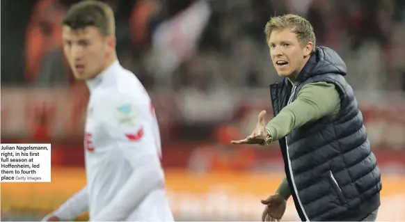  ?? Getty Images ?? Julian Nagelsmann, right, in his first full season at Hoffenheim, led them to fourth place