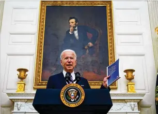  ?? DOUG MILLS/THE NEW YORK TIMES ?? President Joe Biden discusses his administra­tion’s plans for a COVID-19 response, including more centralize­d authority, during a media event Thursday at the White House. “We’re in a national emergency,” he said. “It’s time we treat it like one.” He also tried to manage expectatio­ns on his second day in office, saying that despite the best intentions, “we’re going to face setbacks.”