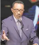  ?? JULIO CORTEZ/AP ?? Kwiesi Mfume, board chairman of Morgan State University, speaks during funeral services for the late U.S. Rep. Elijah Cummings. Mfume is expected to run for Cummings’ seat in Congress.