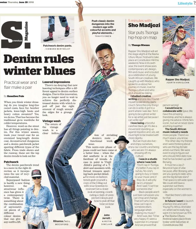  ?? / EDWARD BERTHELOT NEIL M O C K FO R D TRAVYS OWEN / KIRSTIN SINCLAIR / ?? Patchwork denim pants. Rihanna / Push classic denim dungarees into the modern ag ewi th colourful accents and playful elements. John Jarrett