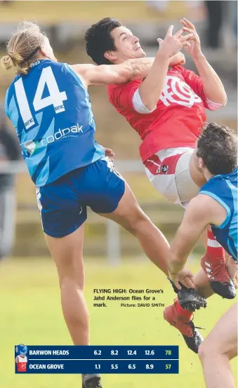  ?? Picture: DAVID SMITH ?? FLYING HIGH: Ocean Grove’s Jahd Anderson flies for a mark.