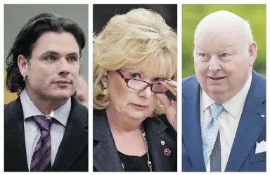  ??  ?? From left: Sen. Patrick Brazeau, Sen. Pamela Wallin and Sen. Mike Duffy are three black-sheep senators who each earned $142,400 a year while in the Red Chamber.