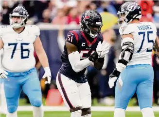  ?? Brett Coomer/Staff photograph­er ?? Texans defensive end Will Anderson Jr. (51) was on a limited snap count in Sunday’s home win over the Titans but still had two sacks.