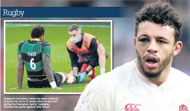  ??  ?? England’s Courtney Lawes has been ruled out of action for up to 12 weeks after he was hurt during Northampto­n Saints’ Gallagher Premiershi­p game against Sale (inset)