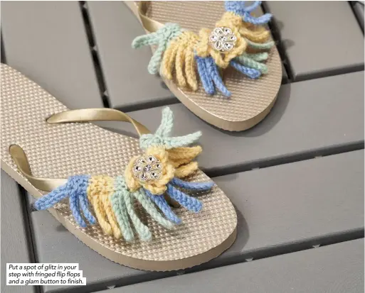  ??  ?? Put a spot of glitz in your step with fringed flip flops and a glam button to finish.