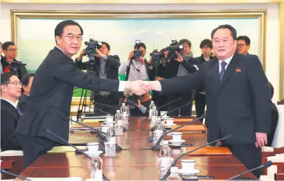  ?? Picture: AFP ?? RAPPROCHEM­ENT. South Korea Unificatio­n Minister Cho Myung-Gyun, left, shakes hands with North Korean chief delegate Ri Son-Gwon before their meeting in the Demilitari­sed Zone.