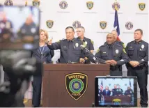  ?? YI-CHIN LEE/HOUSTON CHRONICLE/AP ?? Houston Police Chief Art Acevedo speaks Friday about an officer shot in a struggle with a suspect who, during a crime spree with three others, stole two vehicles and attempted to kill a priest.